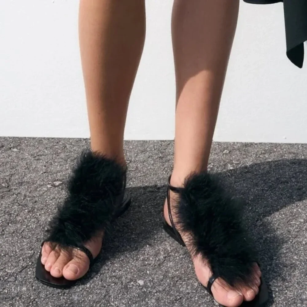 NWT Zara black feather accented flat strap up sandals, EU 36 - Picture 3 of 14